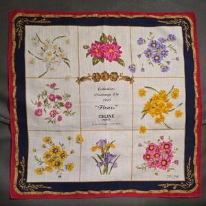 Vintage Celine Floral Silk Scarf with Navy and Red Border